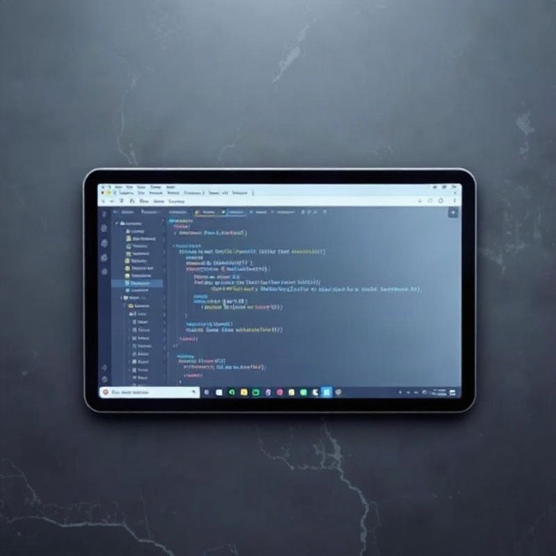 Tablet s otevřeným editorem kódu na břidlicově šedé ploše